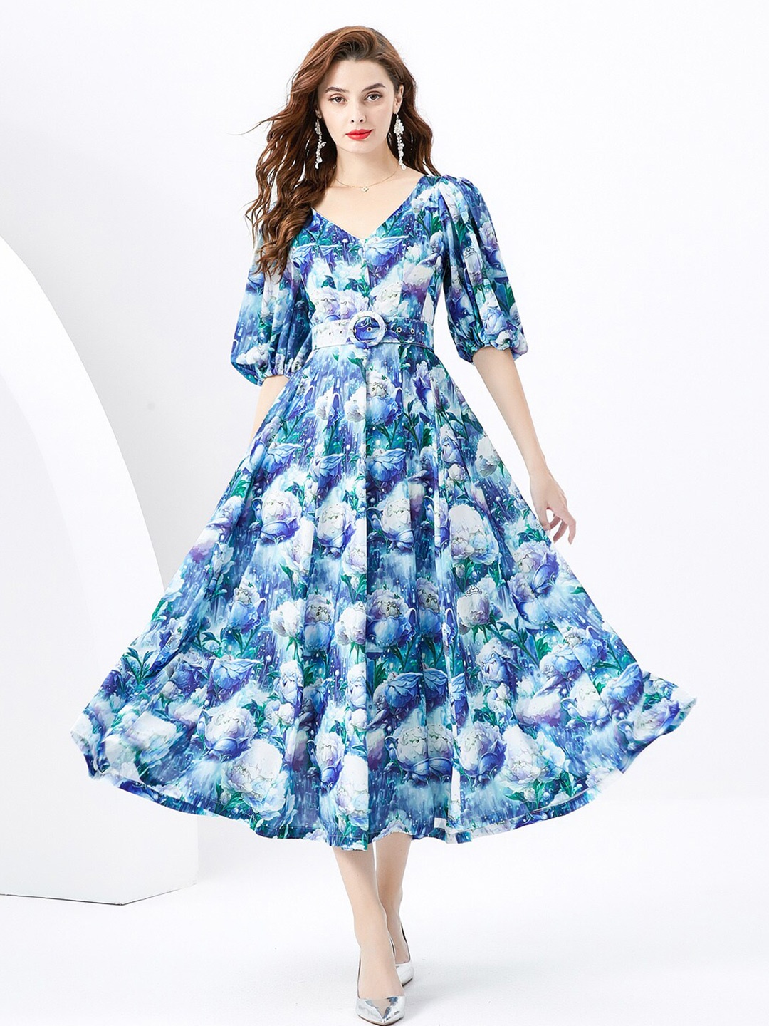 

JC Collection Floral Printed V-Neck Fit & Flare Midi Dress, Blue