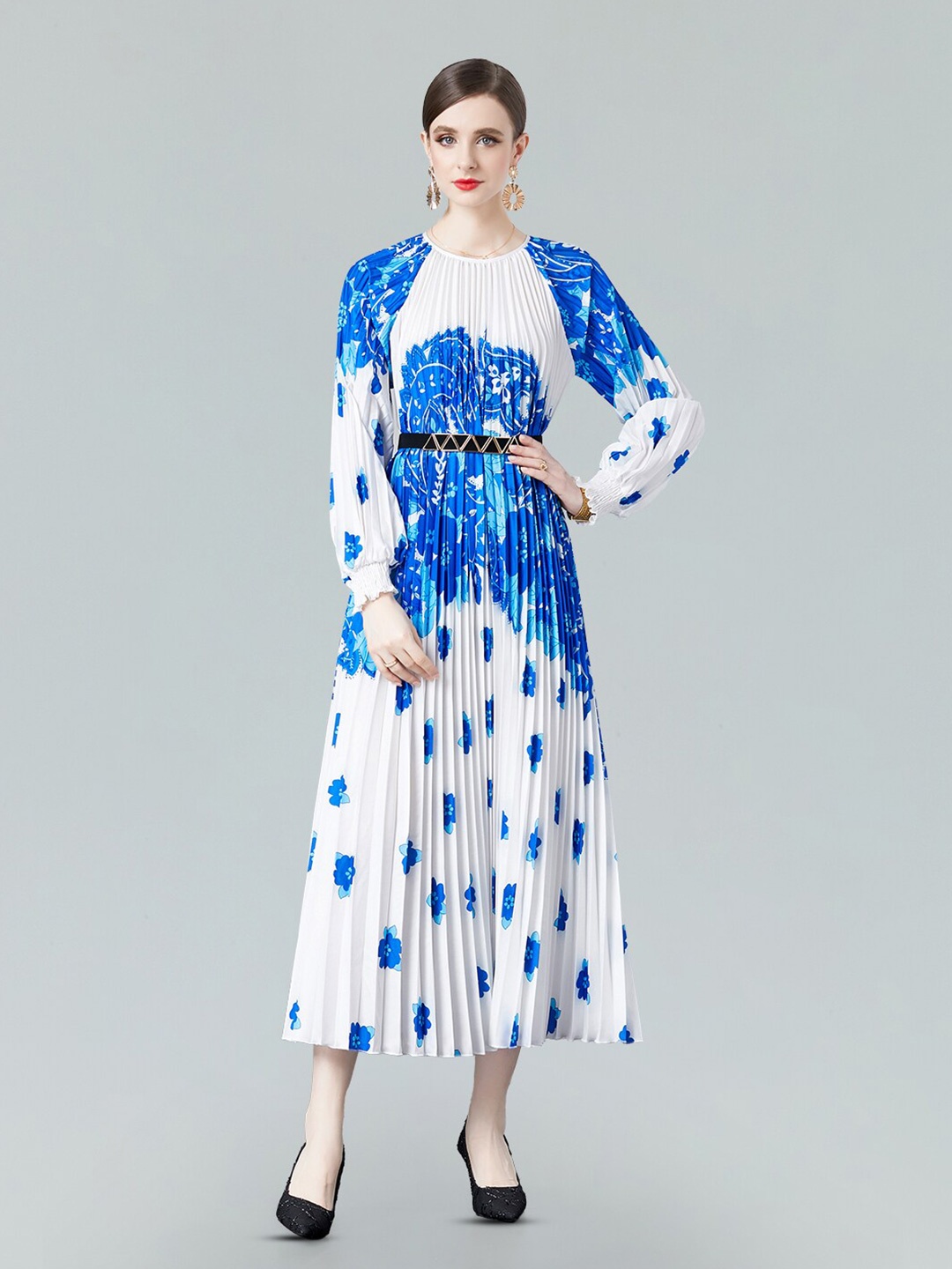 

JC Collection Floral Printed Cuffed Sleeves Accordion Pleats Fit & Flare Midi Dress, Blue