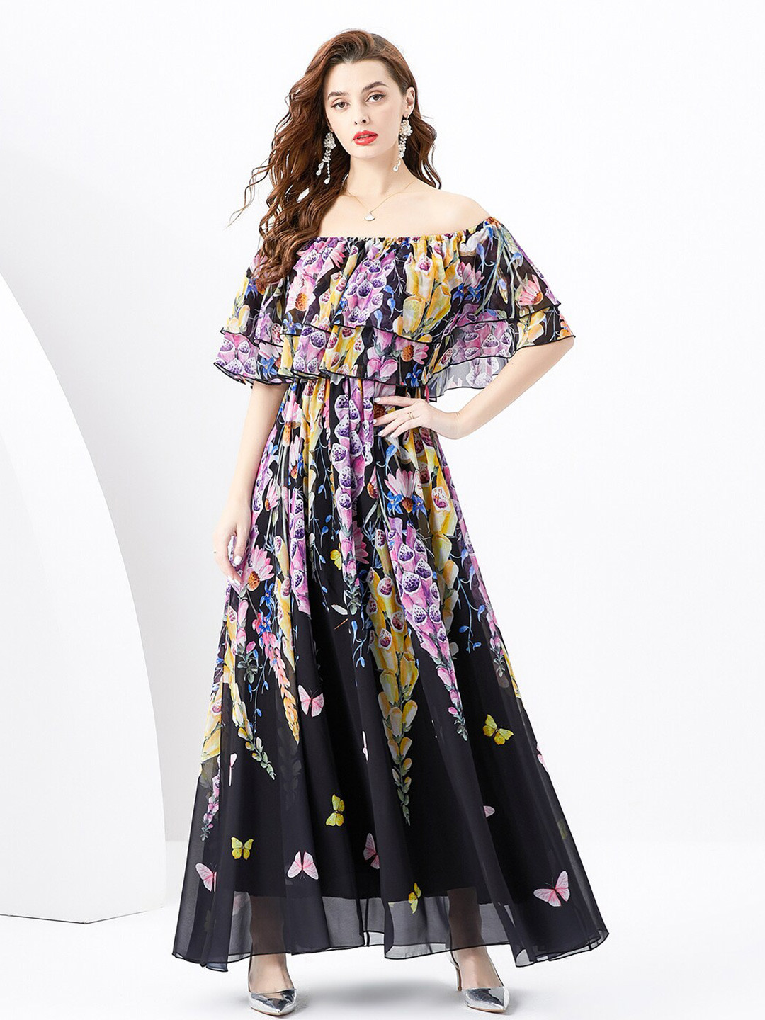 

JC Collection Floral Printed Off-Shoulder Cape Sleeve Maxi Dress, Black