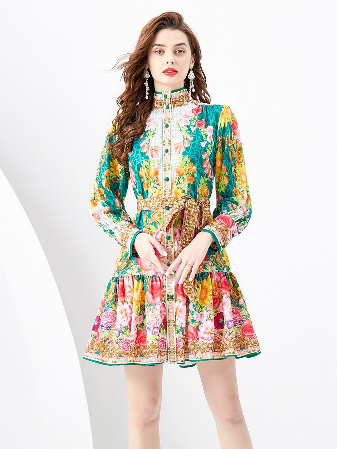 

JC Collection Floral Printed Band Collar Fit & Flare Mini Dress, Green