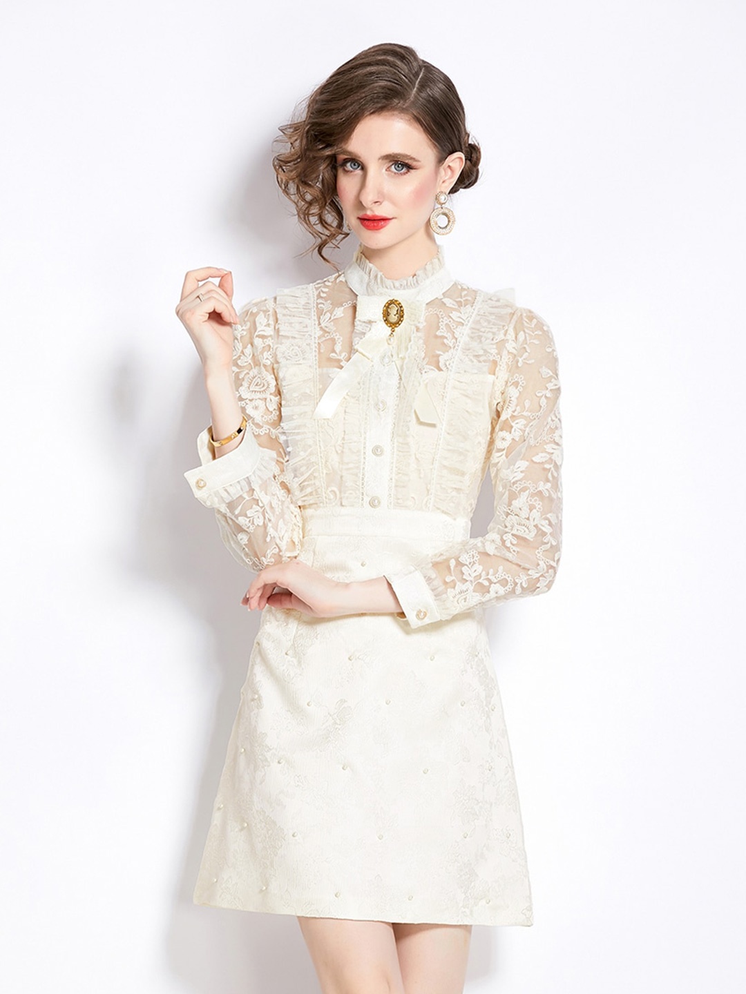 

JC Collection Self Designed Band Collar A-Line Dress, Off white