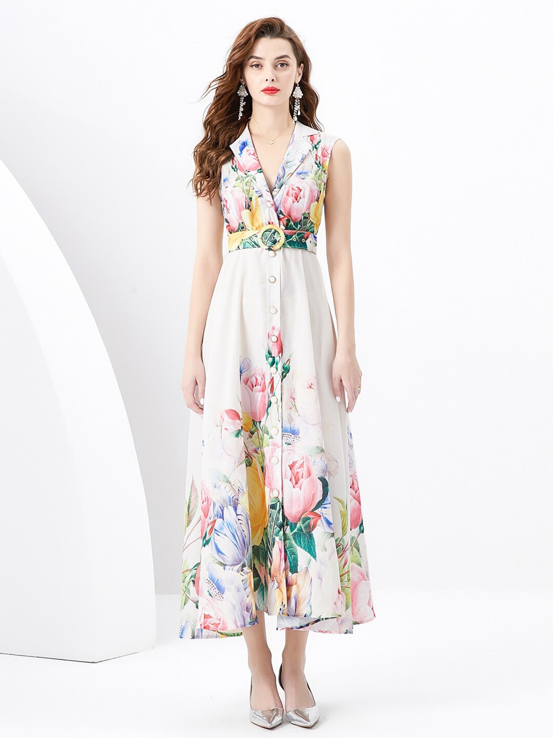 

JC Collection Floral Printed V-Neck A-Line Midi Dress, Beige