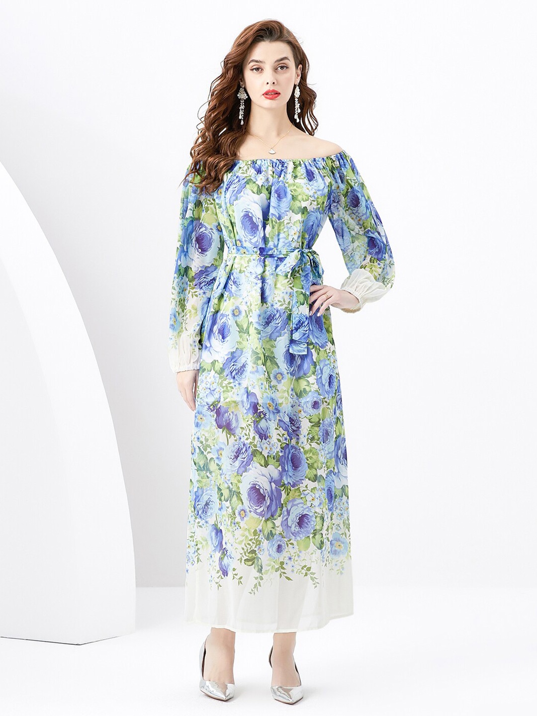 

JC Collection Floral Printed Off-Shoulder A-Line Midi Dress, White
