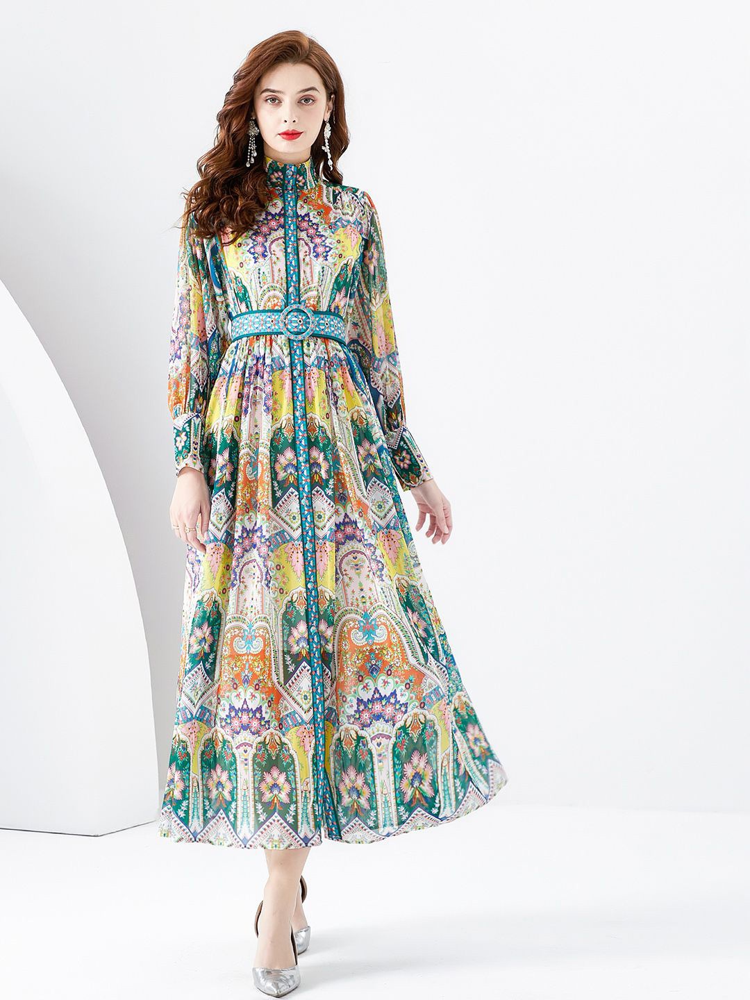 

JC Collection Floral Printed Mandarin Collar Cuffed Sleeves Fit and Flare Midi Dress, Green