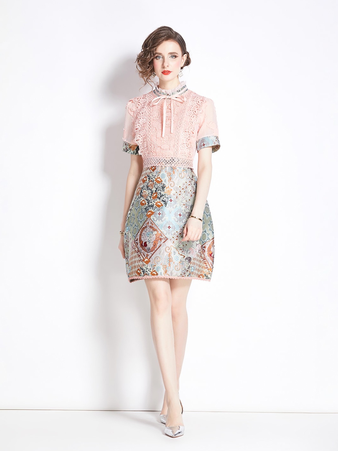 

JC Collection Floral Printed Band Collar Lace & Bow Detailed A-Line Dress, Pink