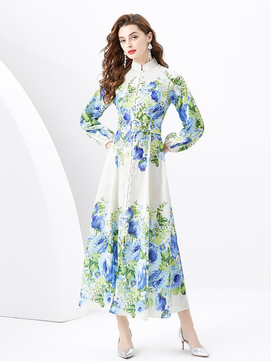 

JC Collection Floral Printed Mock Neck Cuffed Sleeves Fit & Flare Midi Dress, Green