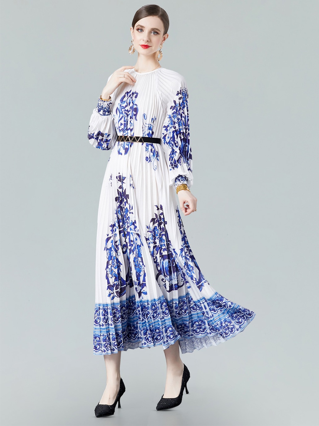 

JC Collection Floral Printed Cuffed Sleeves Maxi Dress, Blue