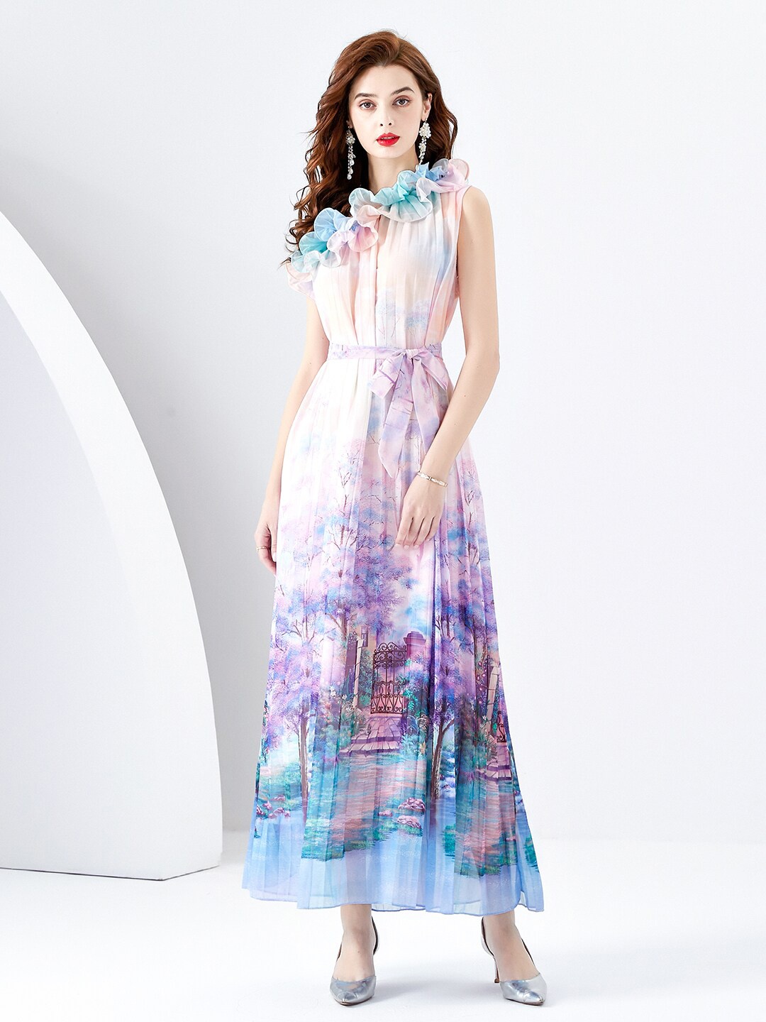 

JC Collection Floral Printed One Shoulder Sleeveless Ruffles & Tie-Ups Detail Maxi Dress, Purple