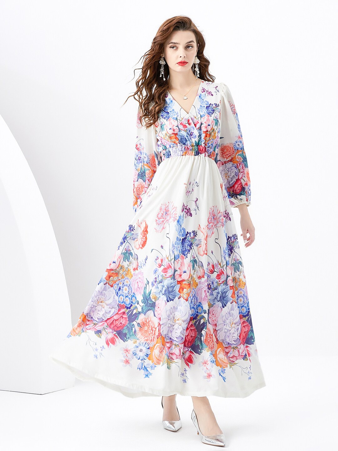 

JC Collection Floral Printed V-Neck Maxi Dress, White