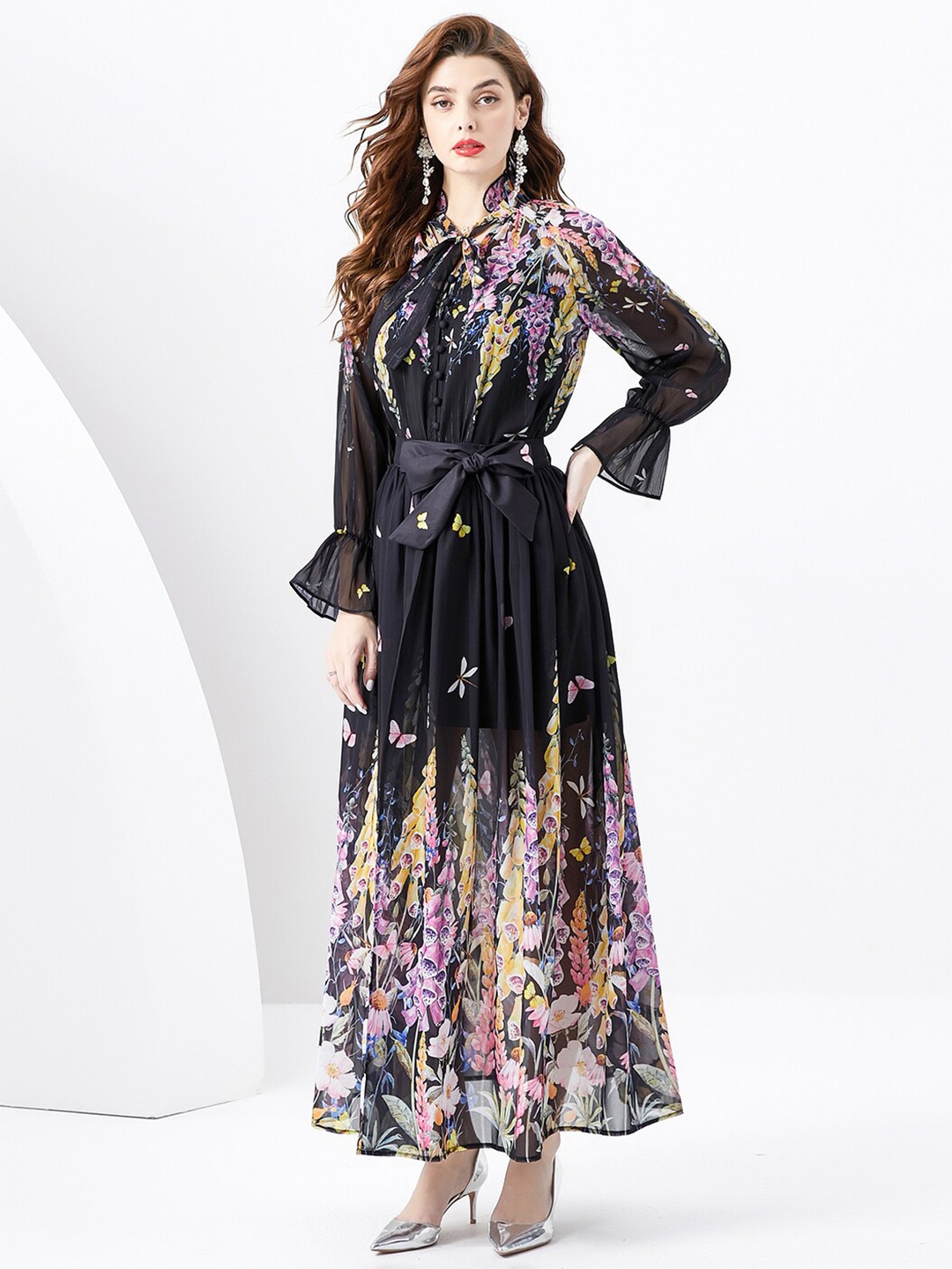 

JC Collection Floral Printed Tie-Up Neck Bell Sleeves Gathered Detail Maxi Dress, Black