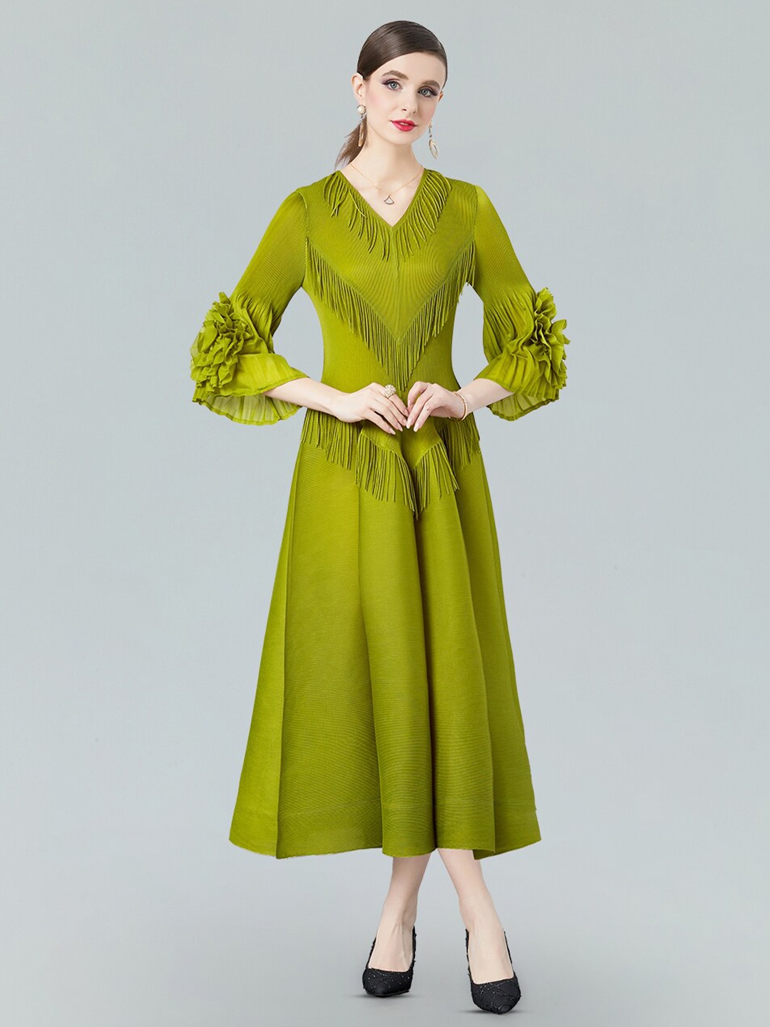 

JC Collection V-Neck Bell Sleeves Ruffles Detail Fit & Flare Midi Dress, Green