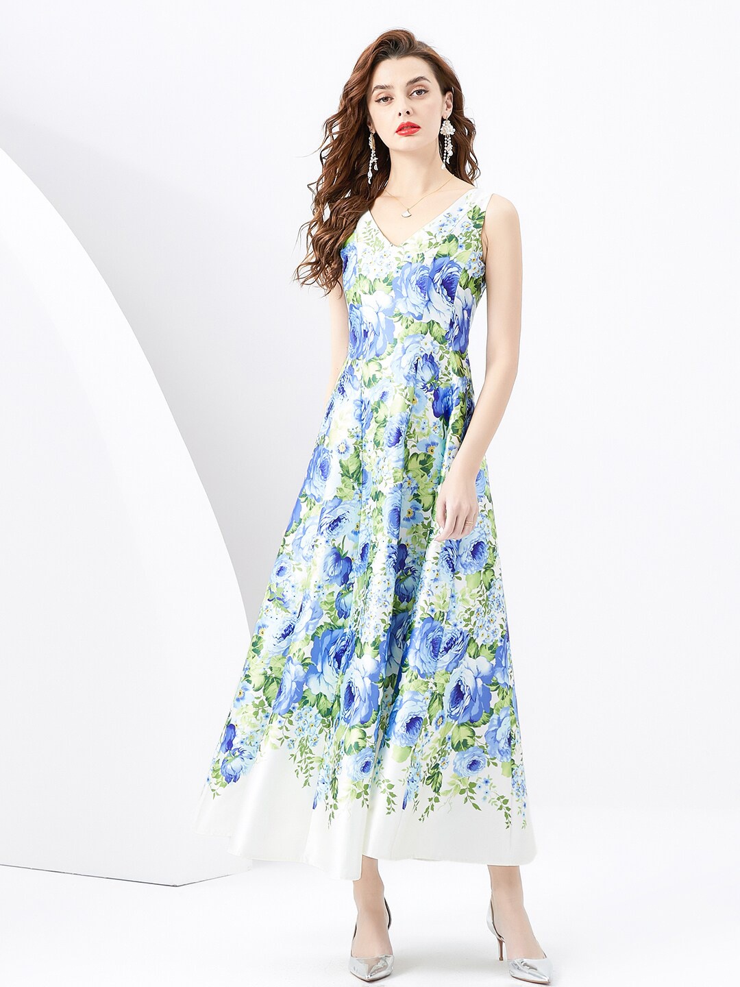 

JC Collection Floral Printed V-Neck Sleeveless Fit & Flare Midi Dress, Green