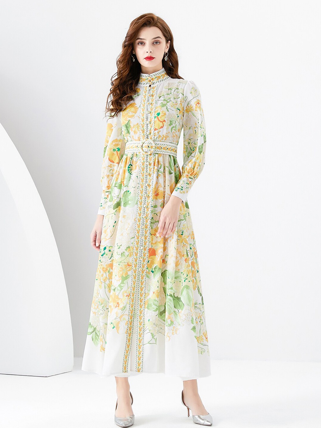 

JC Collection Floral Printed Mock Neck Cuffed Sleeves Fit and Flare Maxi Dress, Yellow