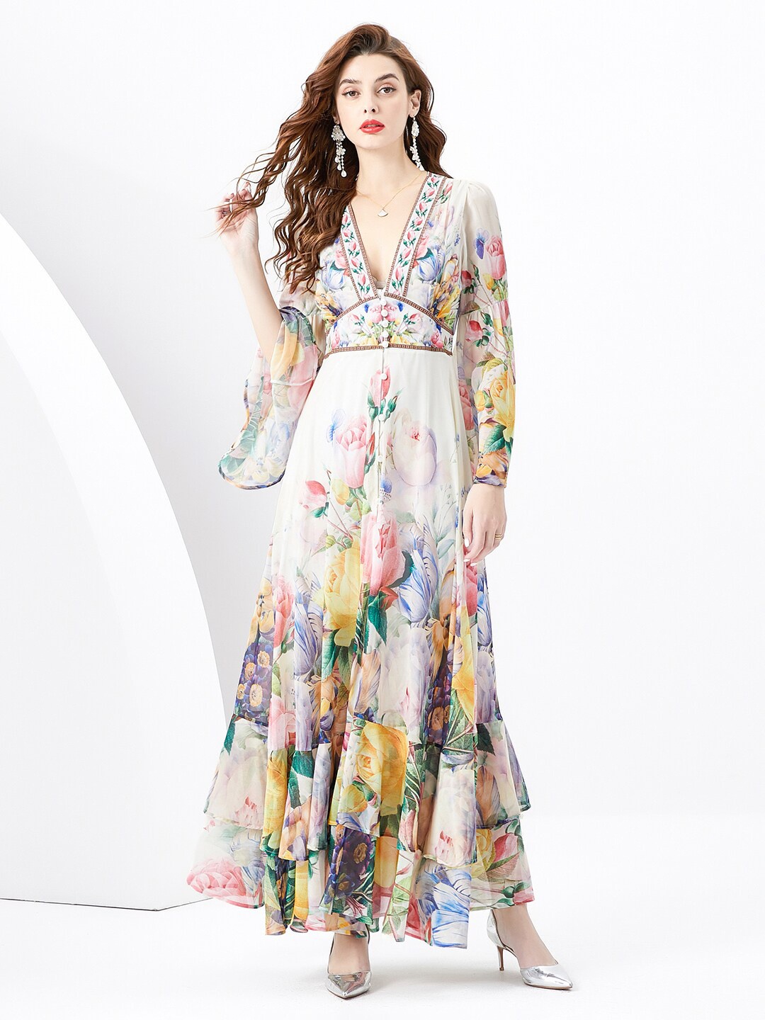 

JC Collection Floral Printed Bell Sleeves Maxi Dress, White