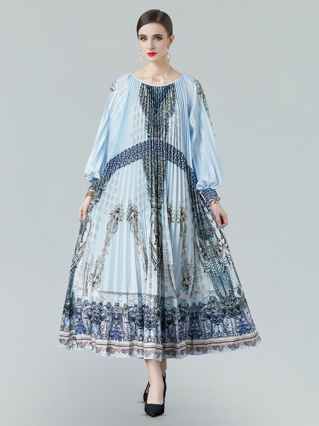 

JC Collection Ethnic Motifs Printed Cuffed Sleeves Accordion Pleats A-Line Midi Dress, Blue