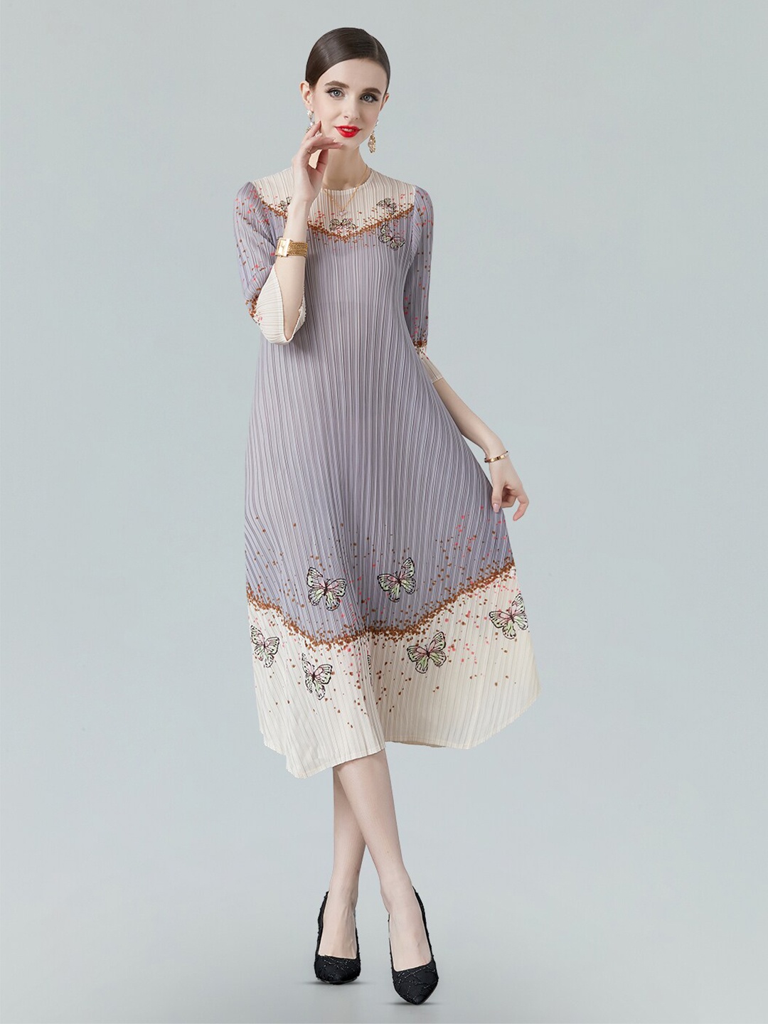 

JC Collection Conversational Printed Round Neck A-Line Midi Dress, Purple