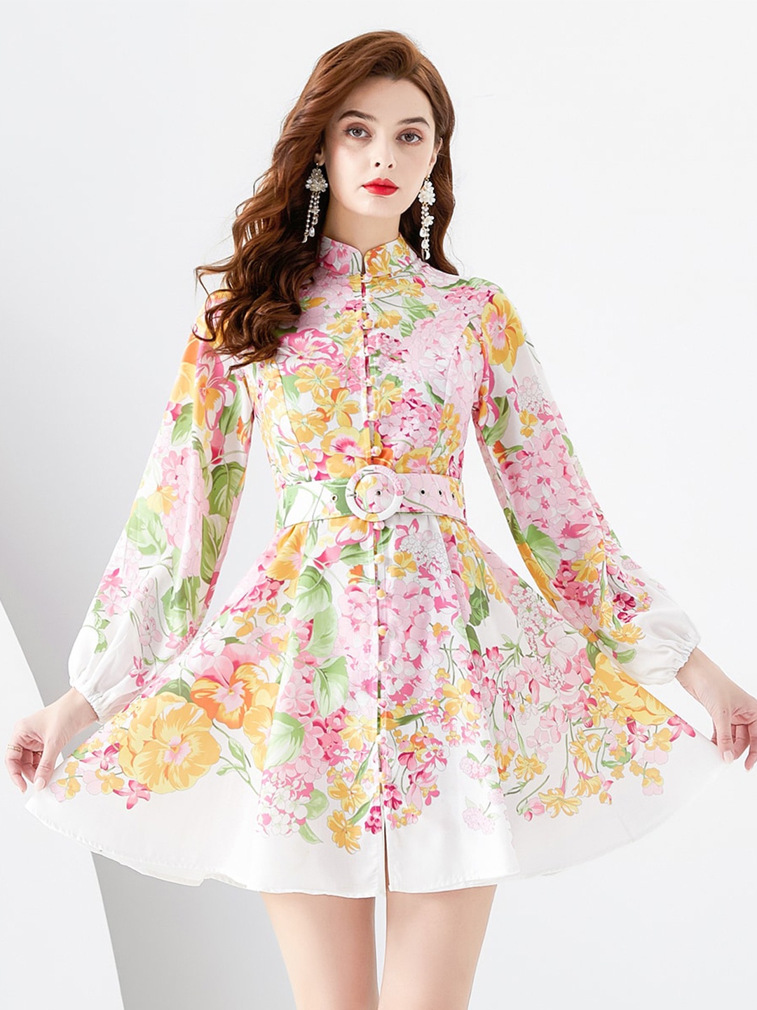 

JC Collection Floral Printed Mandarin Collar Flared Sleeve Fit & Flare Mini Dress, Pink