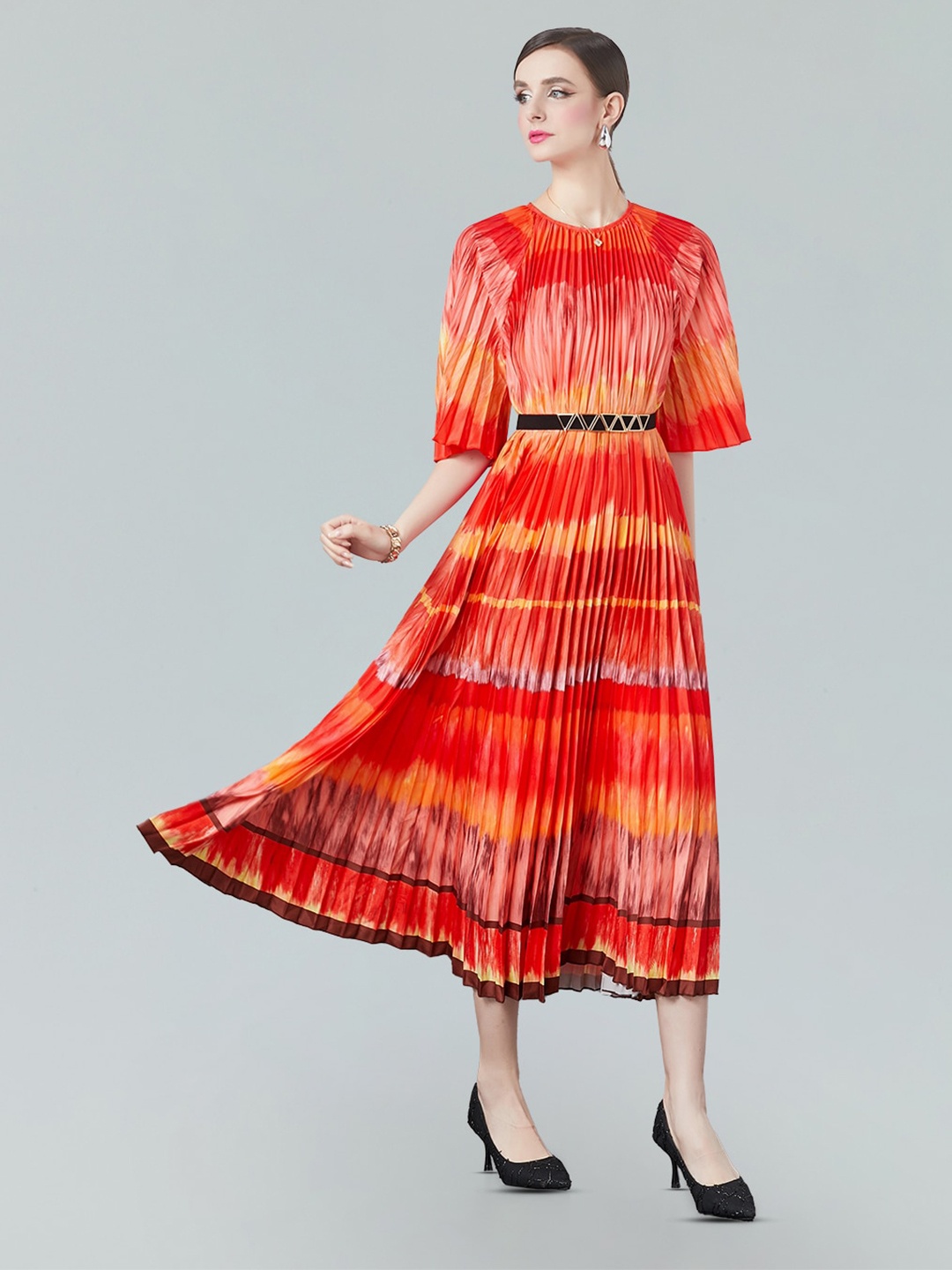 

JC Collection Tie and Dye Flared Sleeves Accordion Pleats A-Line Midi Dress, Red