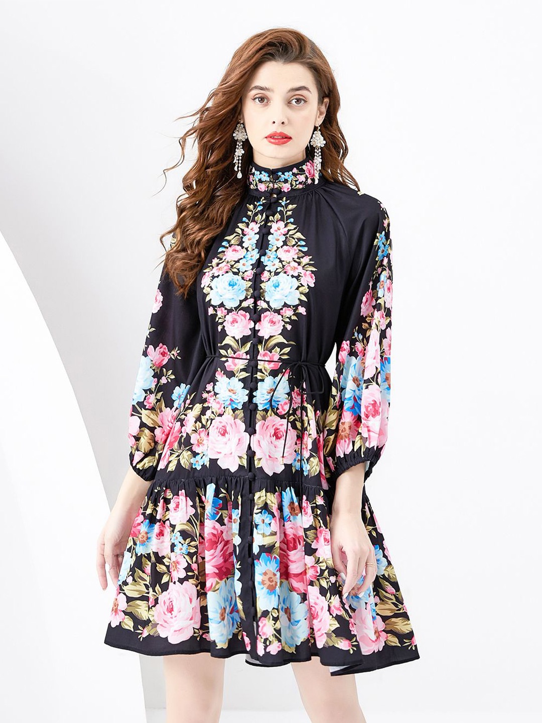 

JC Collection Floral Printed High Neck Cuffed Sleeves Tiered & Tie-Ups Mini A-Line Dress, Black