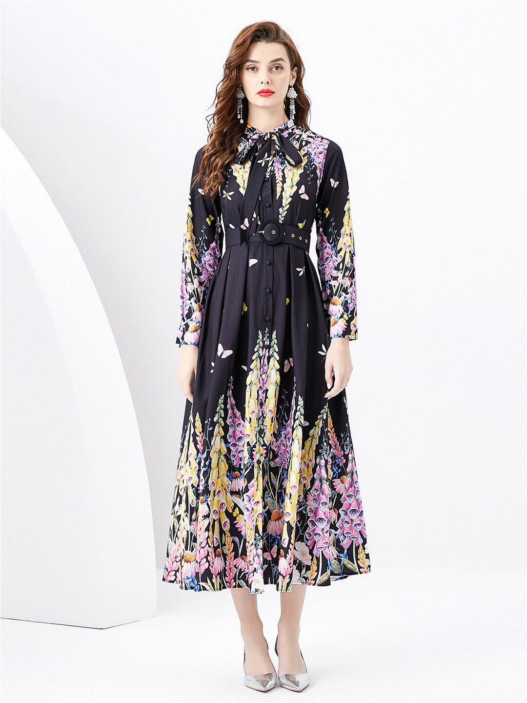 

JC Collection Floral Printed Fit & Flare Midi Dress, Black