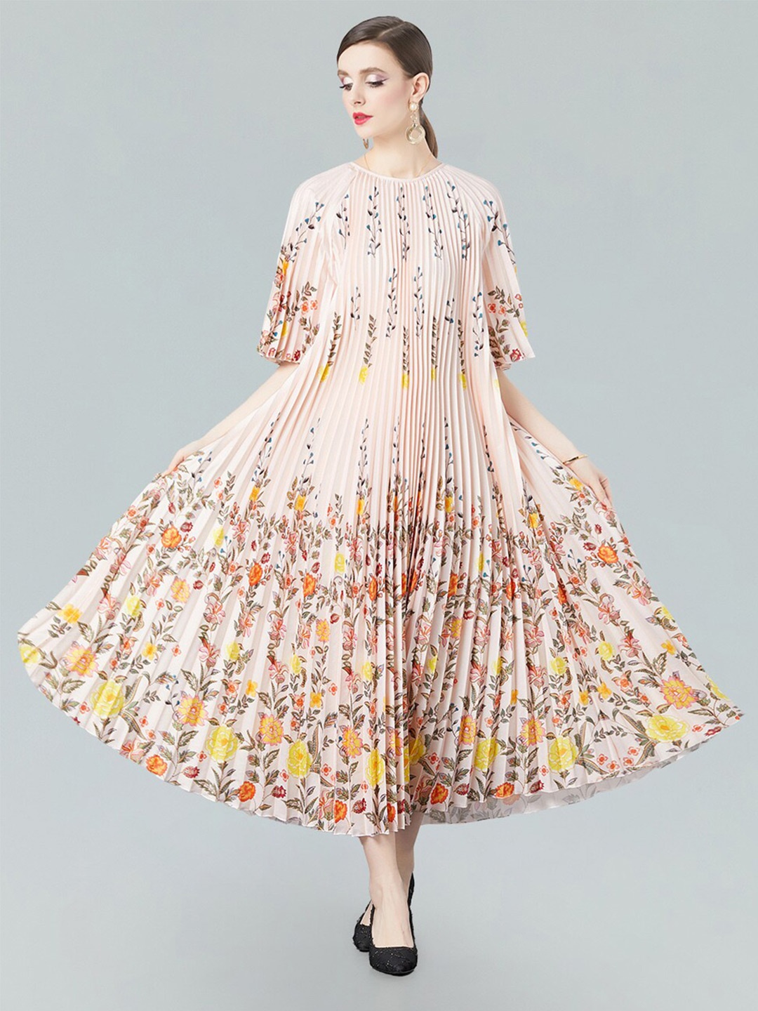 

JC Collection Floral Printed Round Neck A-Line Midi Dress, Peach