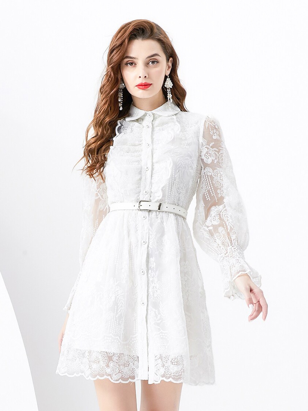 

JC Collection Self Design Shirt Collar Fit & Flare Dress, White