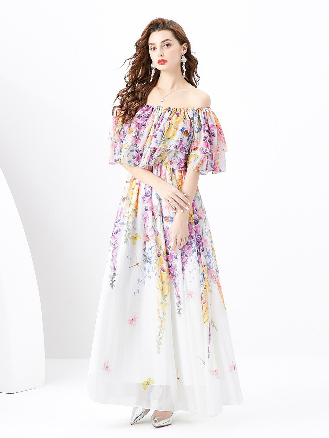 

JC Collection Floral Printed Off-Shoulder Cape Sleeve Maxi Dress, White