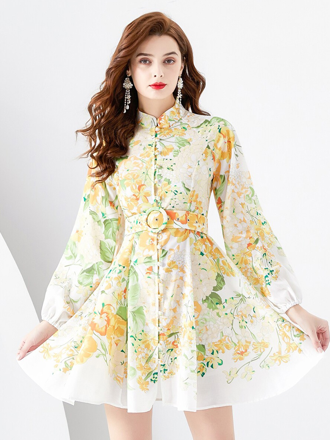 

JC Collection Floral Printed Band Collar Fit & Flare Dress, Yellow