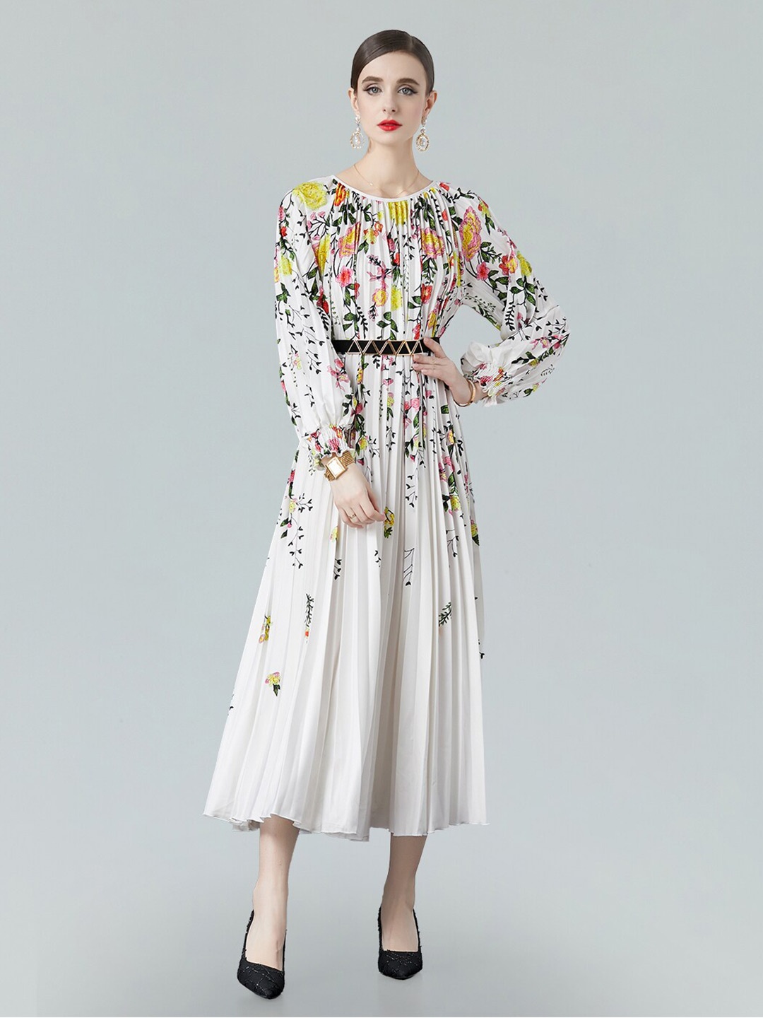 

JC Collection Floral Printed Puff Sleeves Fit & Flare Midi Dress, White