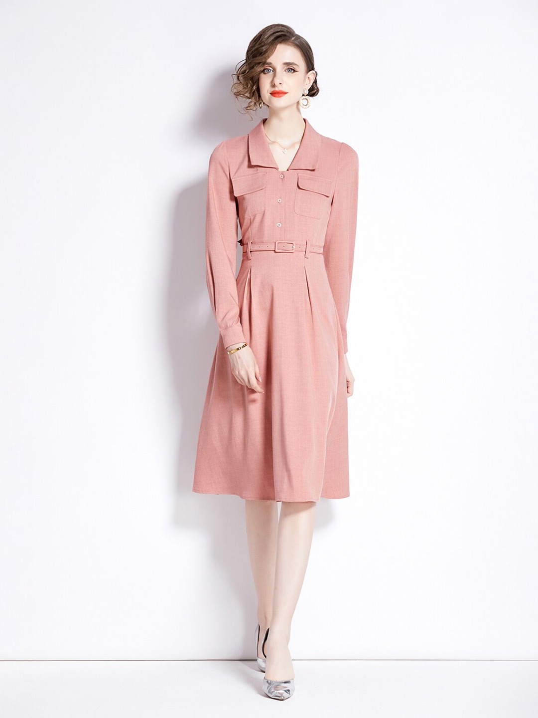 

JC Collection Shirt Collar Cuffed Sleeves Belted Detail A-Line Dress, Pink