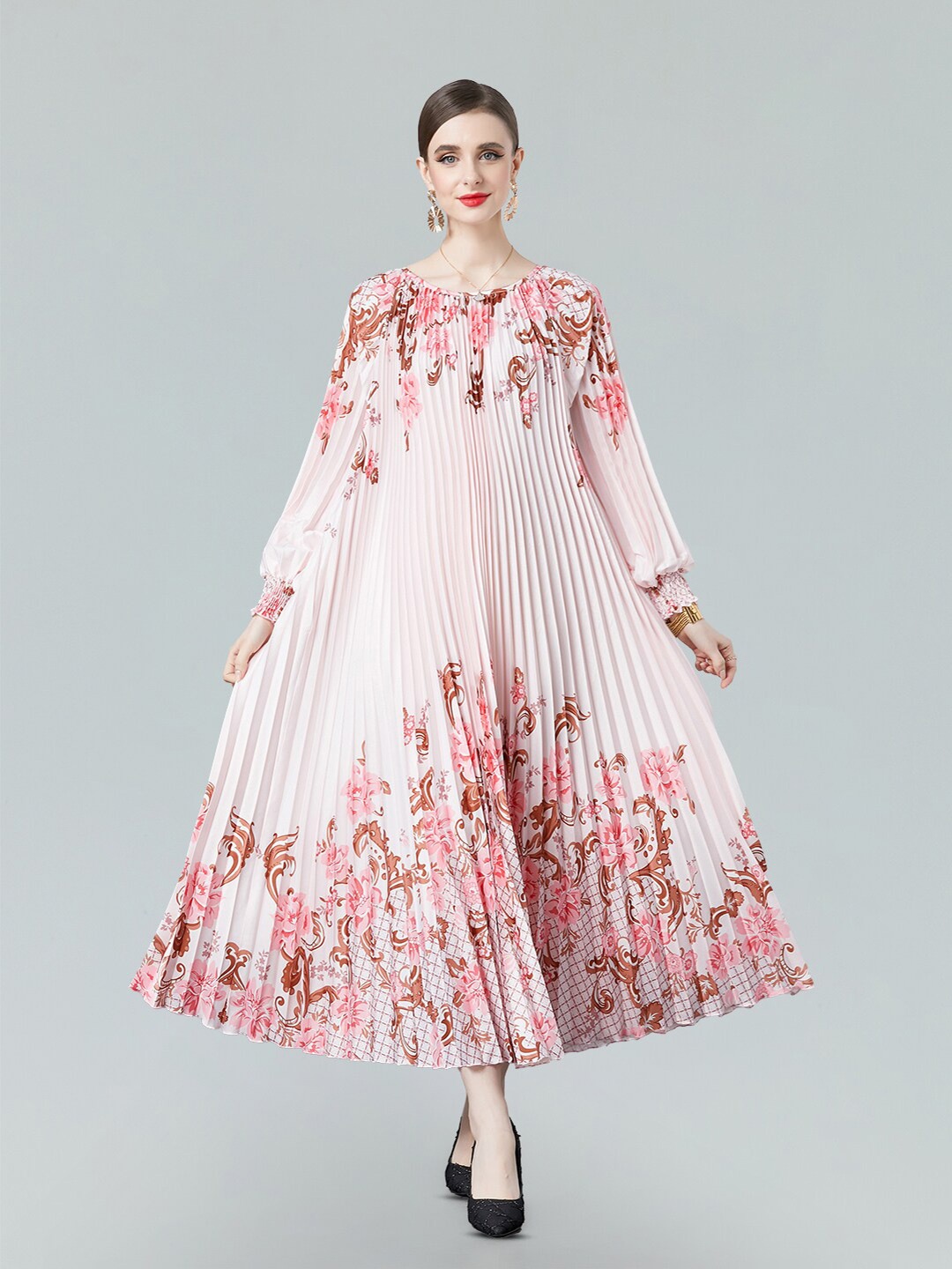 

JC Collection Floral Printed Cuffed Sleeves A-Line Maxi Dress, Pink