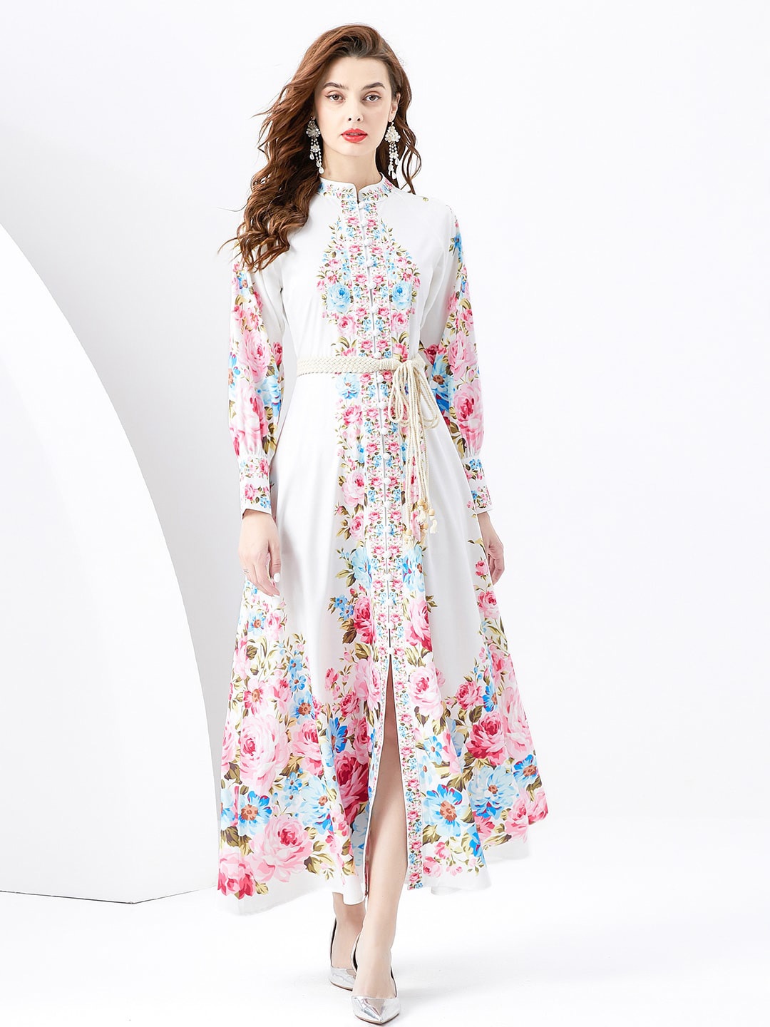 

JC Collection Floral Printed Mandarin Collar A-Line Midi Dress, White