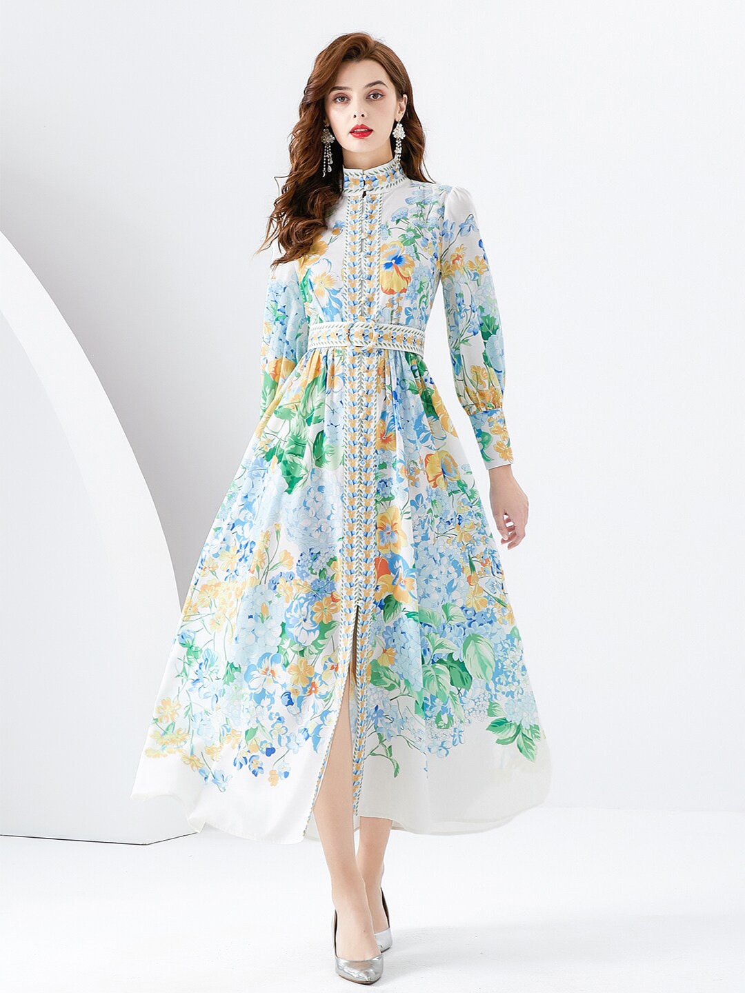 

JC Collection Floral Printed Mandarin Collar Fit & Flare Midi Dress, Blue