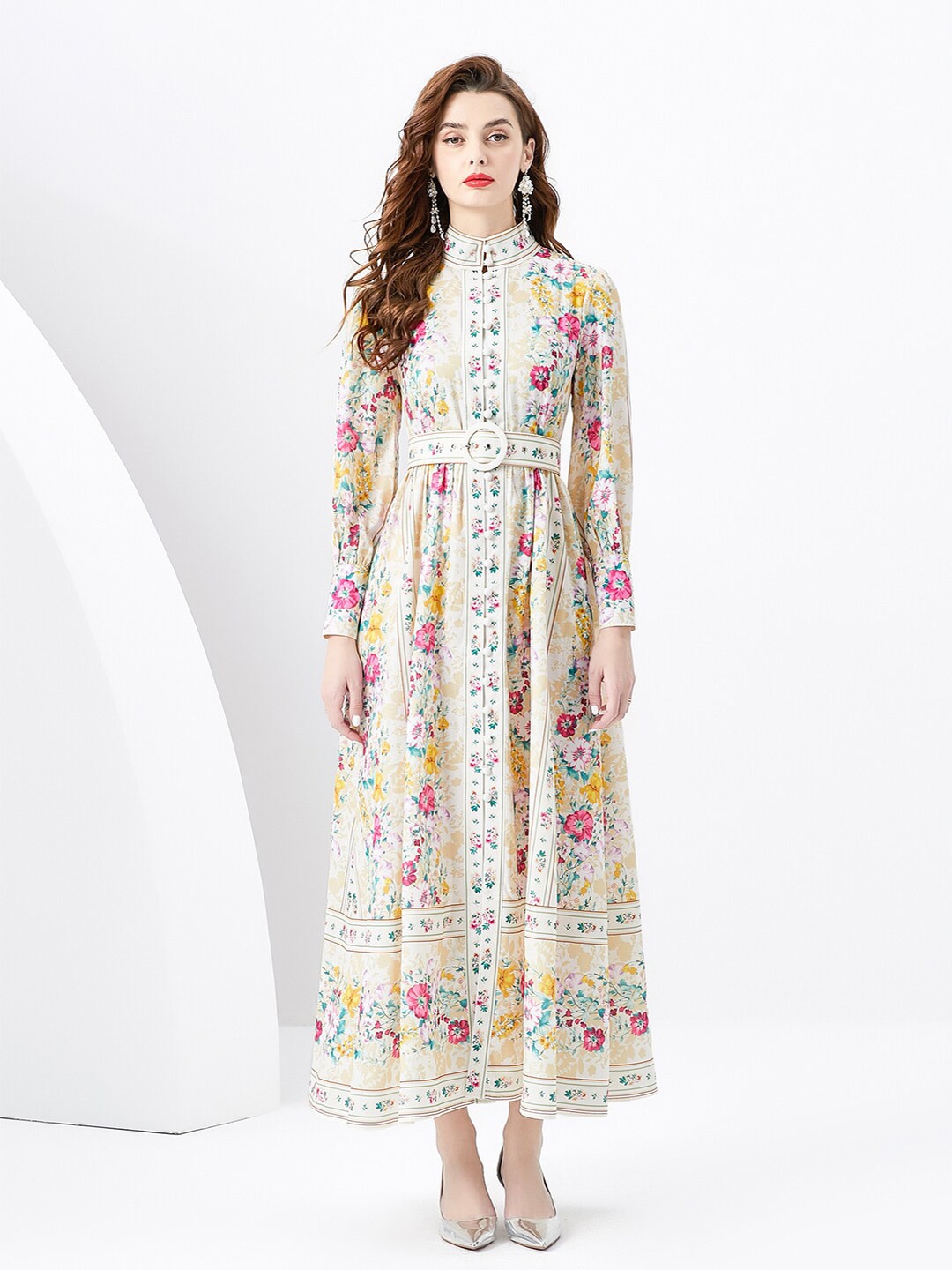 

JC Collection Floral Printed Band Collar Maxi Dress, Beige