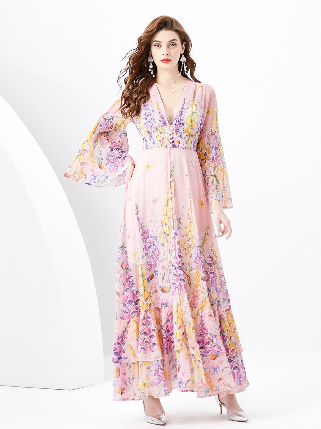 

JC Collection Floral Printed V-Neck Flared Sleeves Maxi Dress, Pink