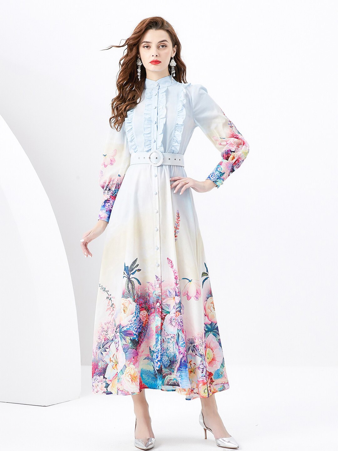 

JC Collection Floral Printed Mandarin Collar Fit and Flare Midi Dress, Blue