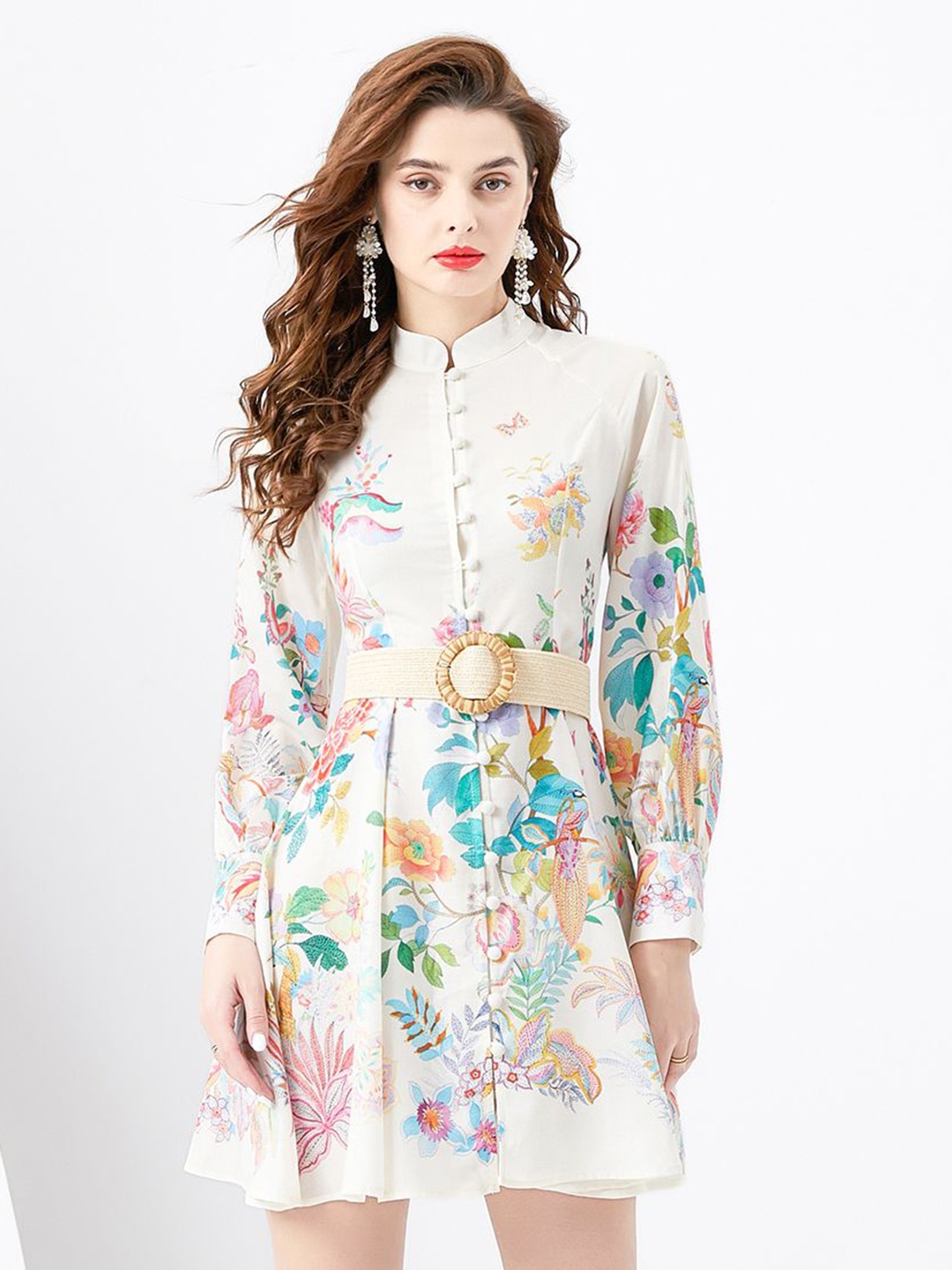 

JC Collection Floral Printed Mandarin Collar Cuffed Sleeves Belted Fit & Flare Mini Dress, Beige