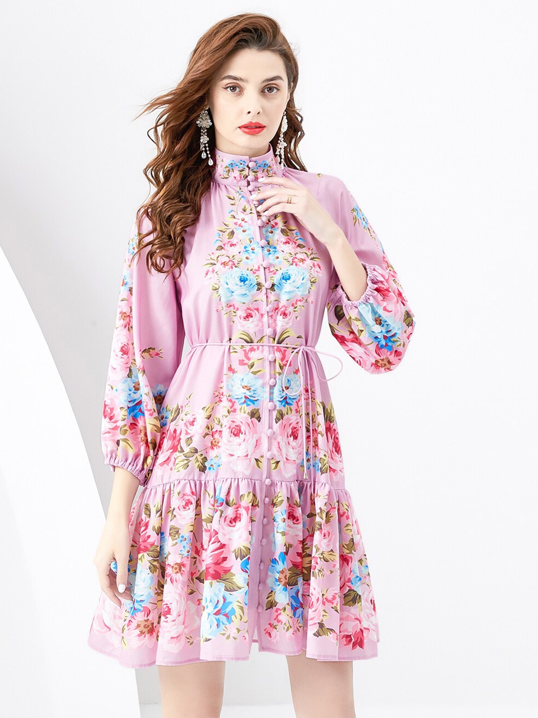 

JC Collection Floral Printed Mock Neck Puffed Sleeves A-Line Dress, Pink