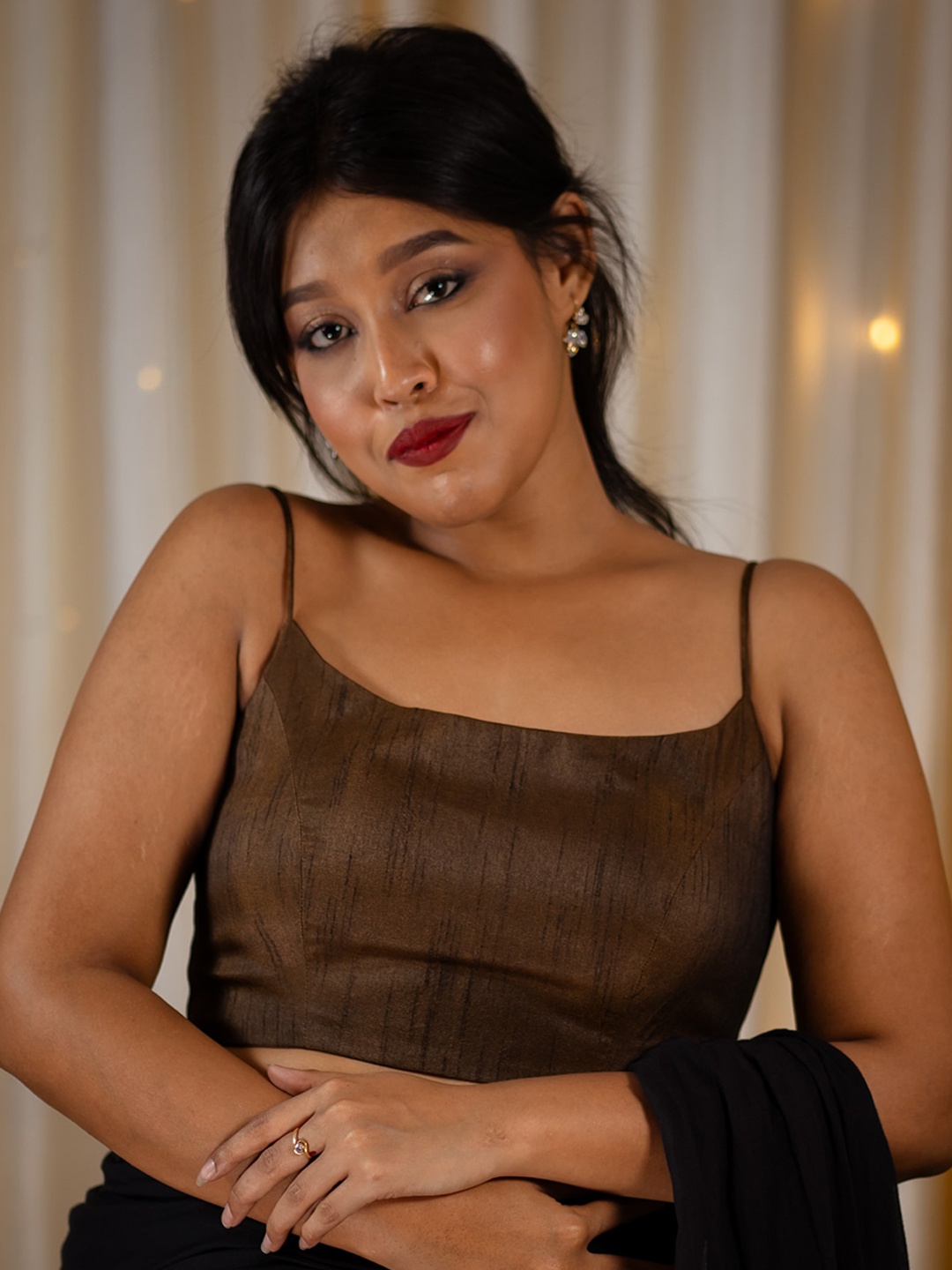 

I LOVE SAREES Padded Spaghetti Saree Blouse, Brown