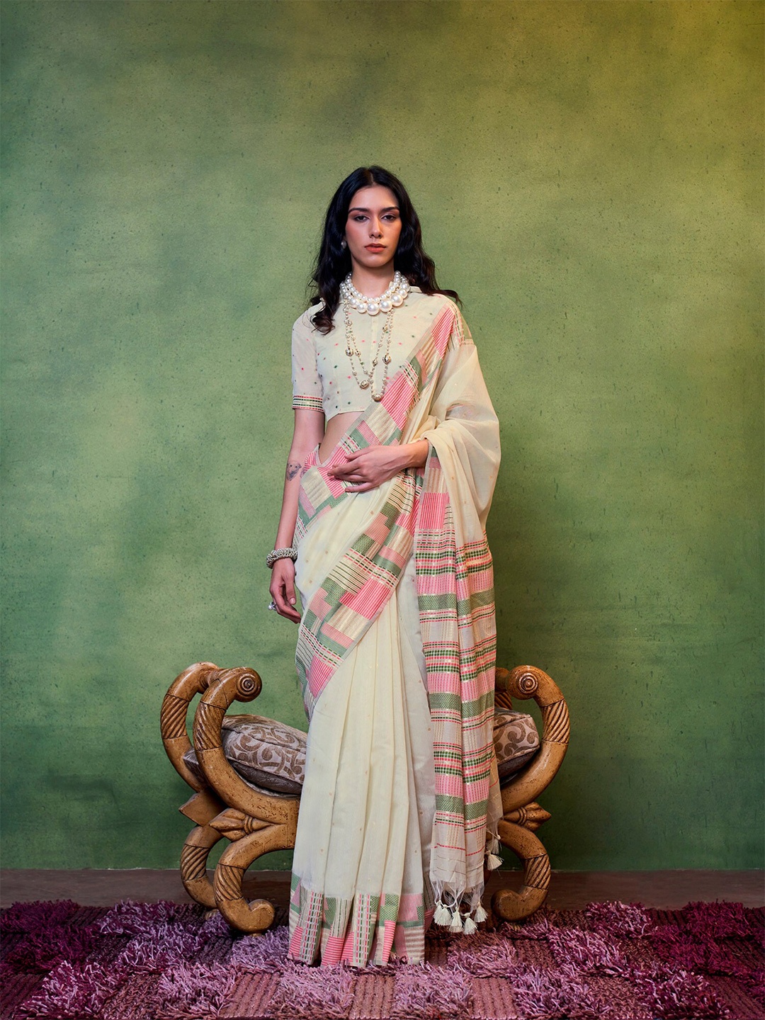 elora Woven Design Saree, Off white