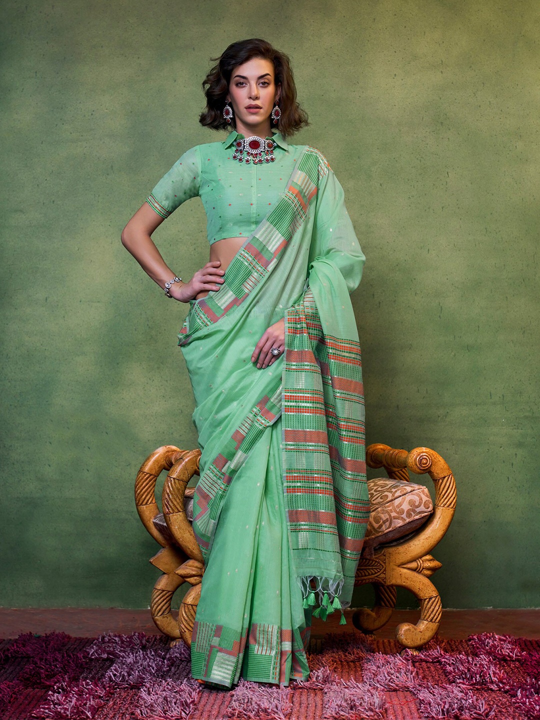 

elora Woven Design Zari Saree, Sea green