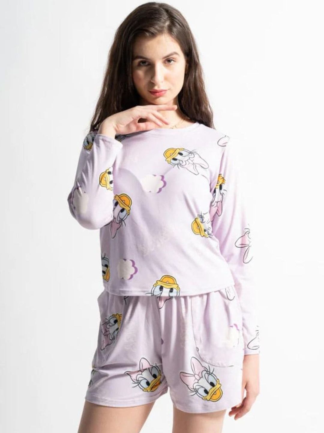 

HEY MISSY Donald Duck Printed Long Sleeves Pure Cotton Night suit, Purple