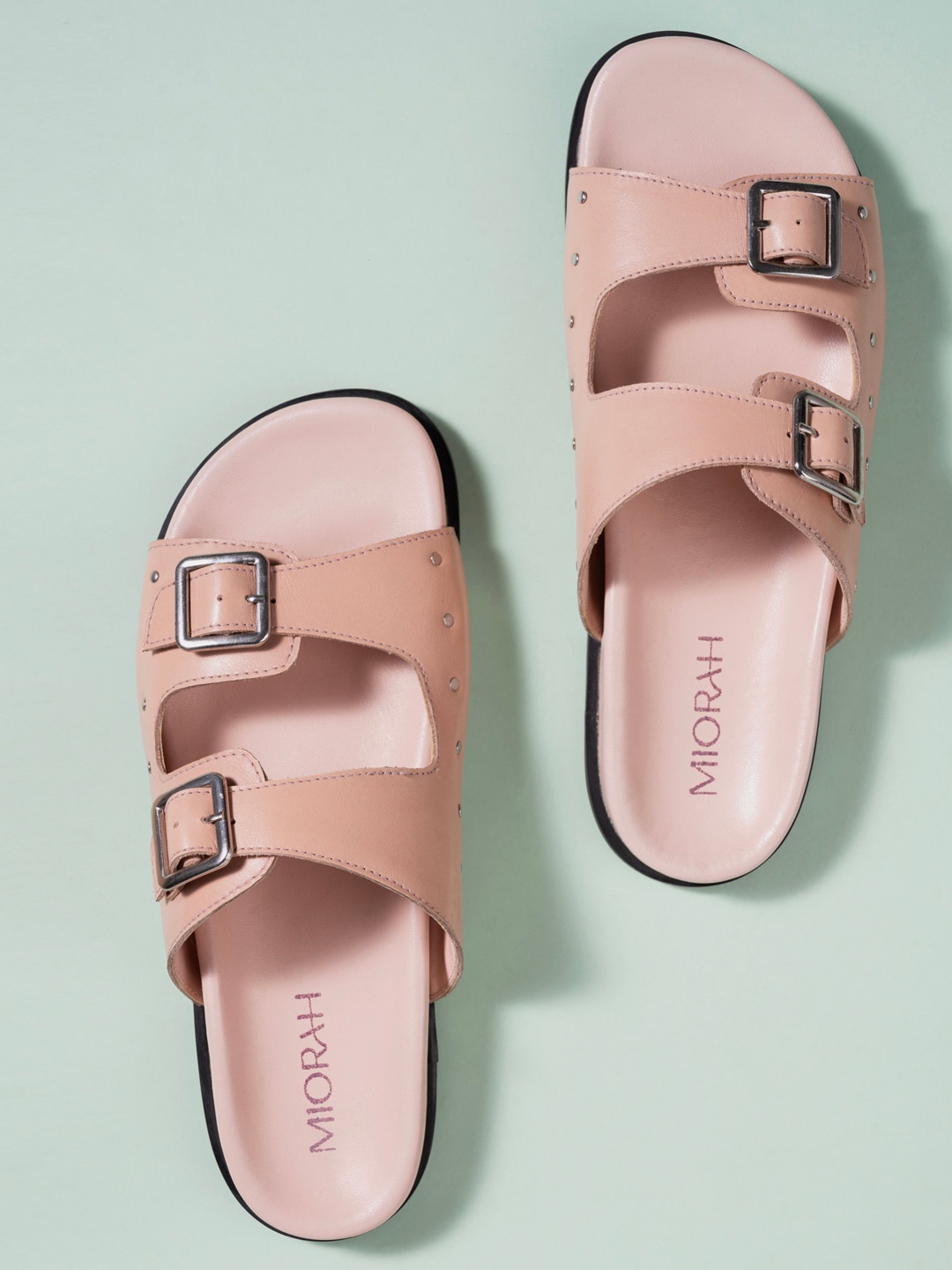 

MIORAH Leather Open Toe Flats With Buckles, Pink