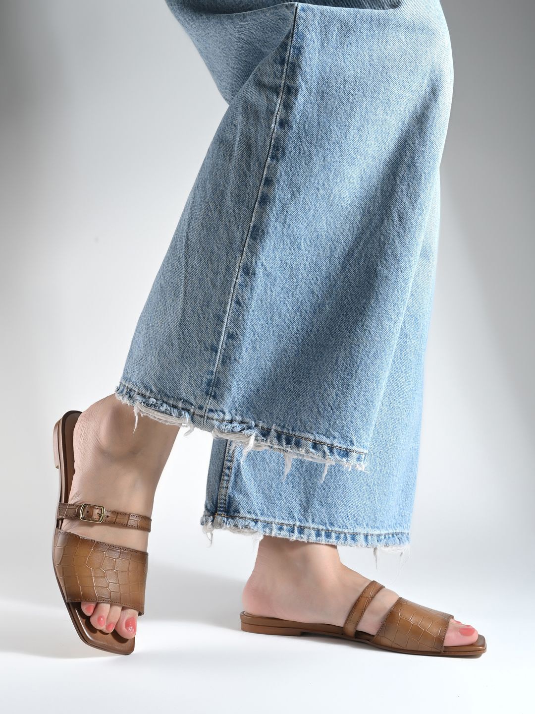 

MIORAH Textured Open Toe Flats, Tan