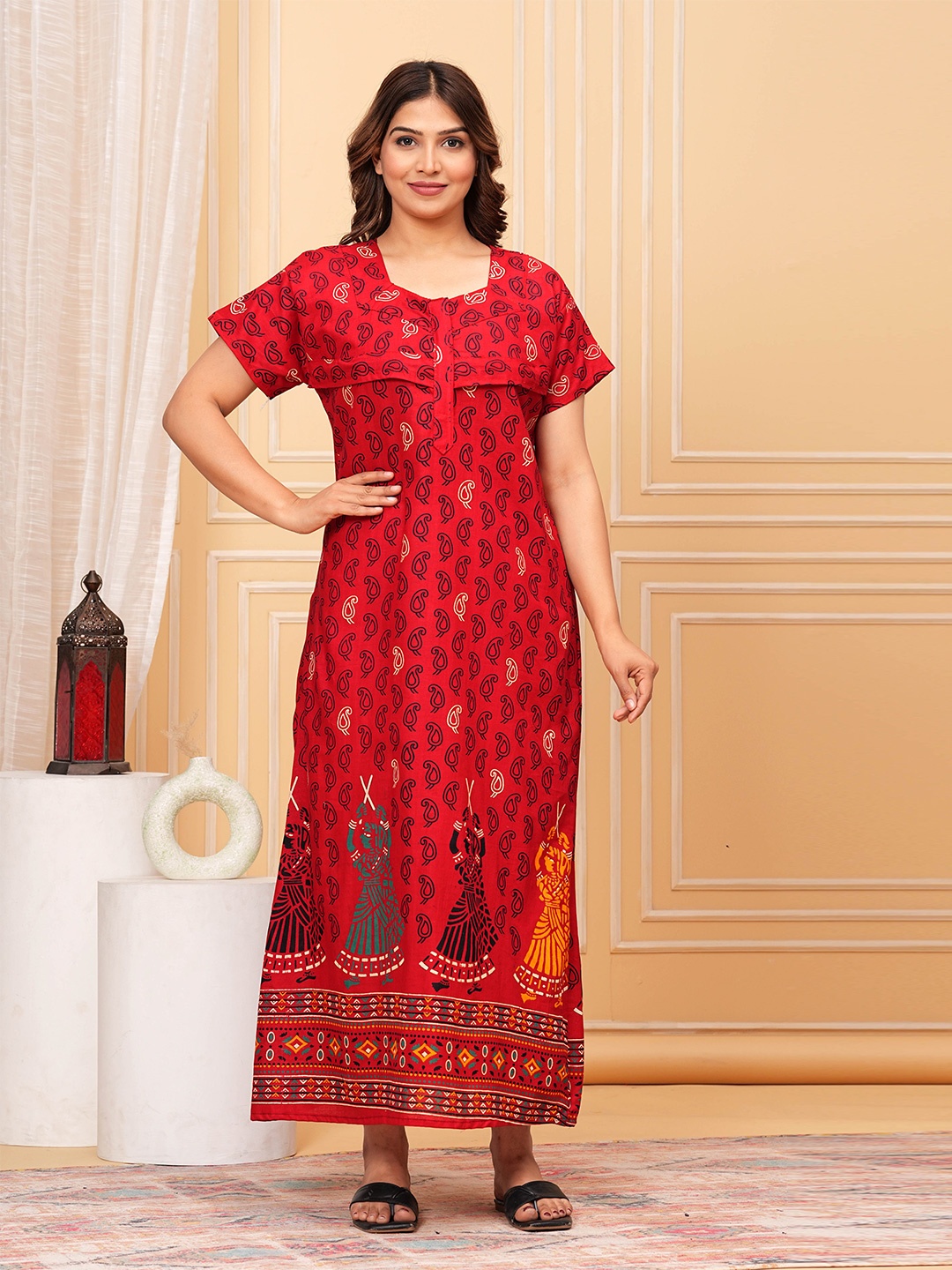 

JVSP FASHION Ethnic Motifs Printed Pure Cotton Maternity Maxi Nightdress, Red