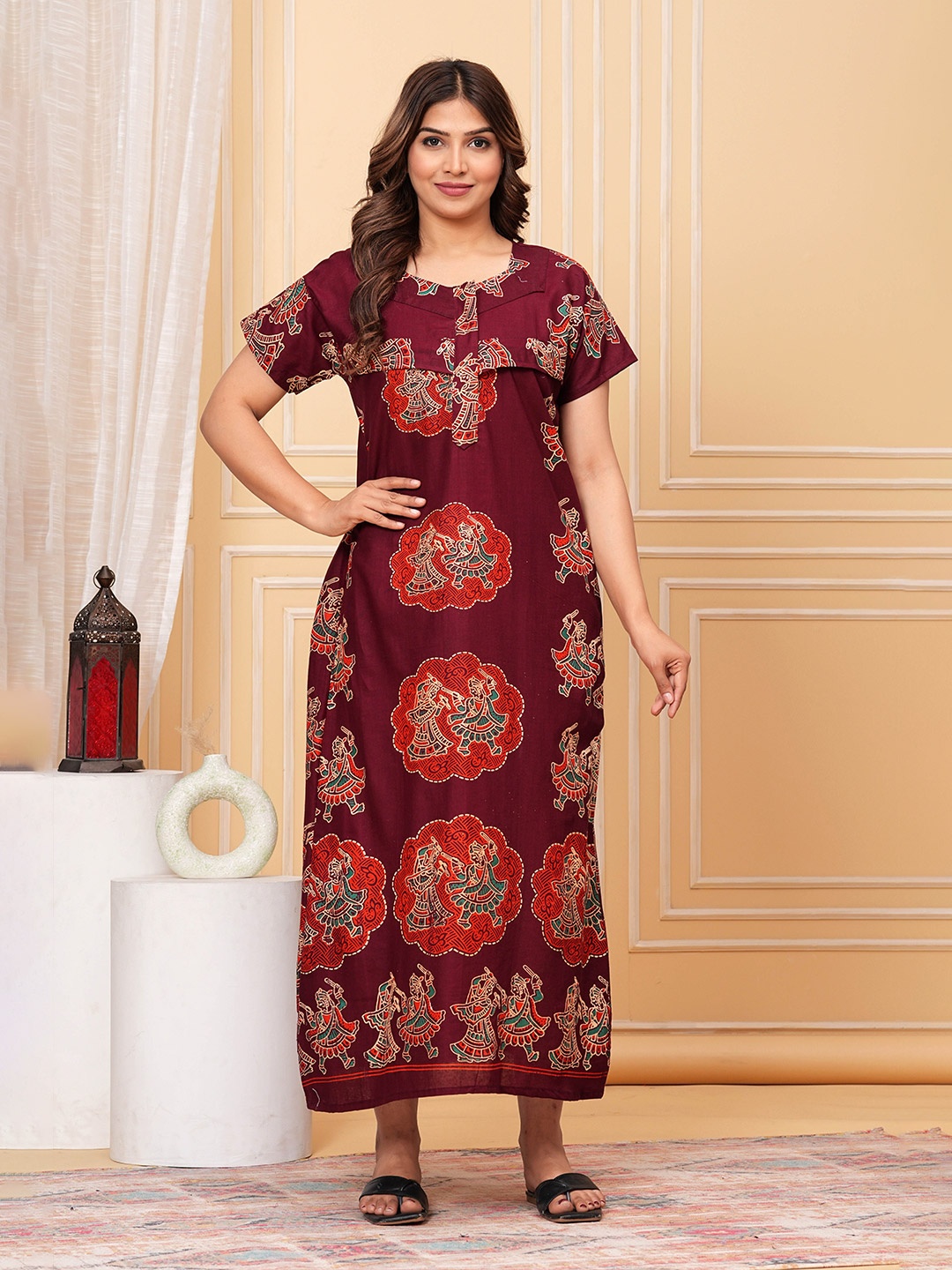 

JVSP FASHION Ethnic Motifs Printed Pure Cotton Maternity Maxi Nightdress, Maroon