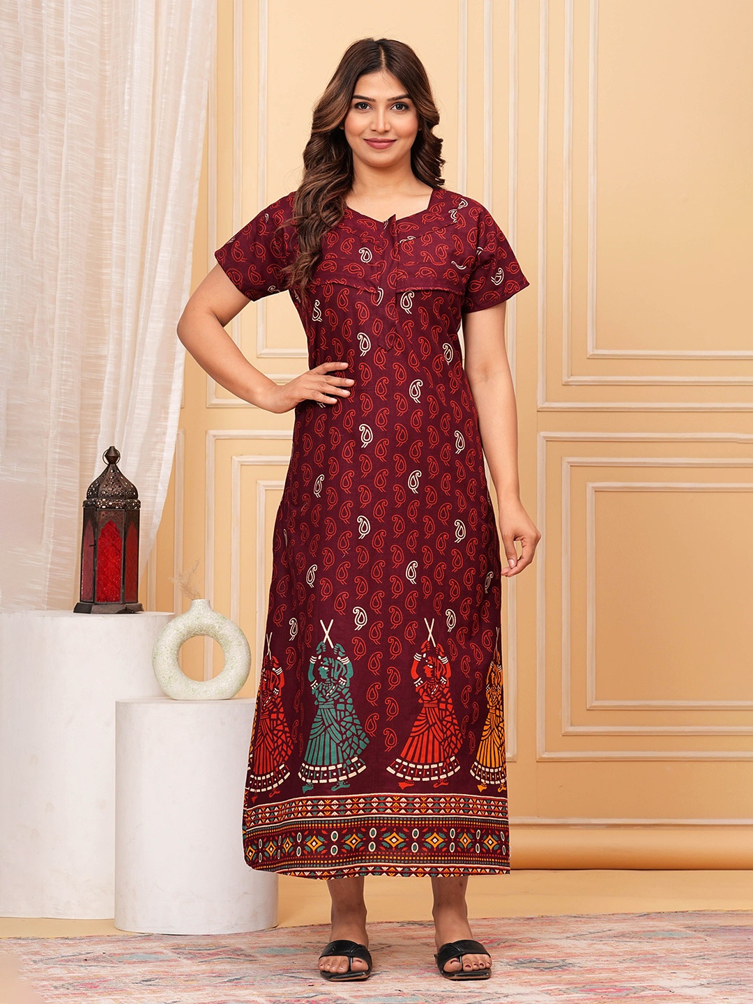 

JVSP FASHION Ethnic Motifs Printed Pure Cotton Maternity Maxi Nightdress, Maroon