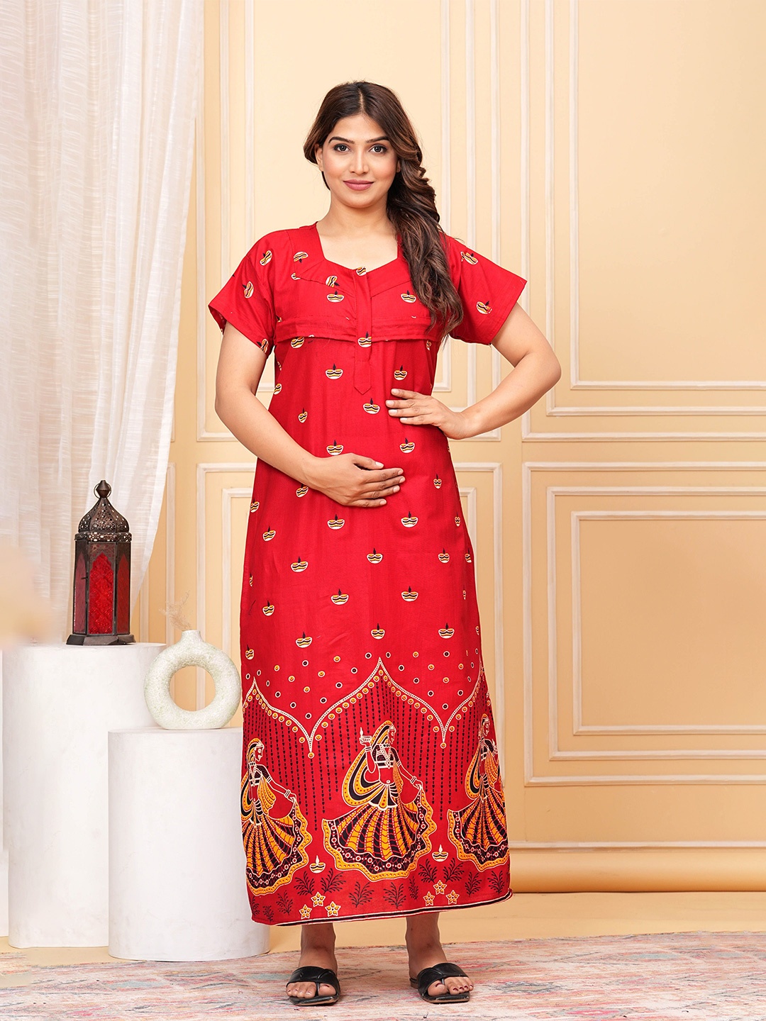 

JVSP FASHION Ethnic Motifs Printed Pure Cotton Maternity Maxi Nightdress, Red