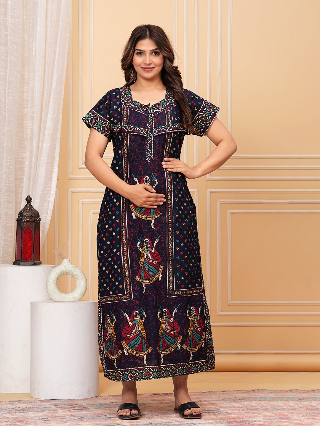 

JVSP FASHION Ethnic Motifs Printed Pure Cotton Maternity Maxi Nightdress, Navy blue