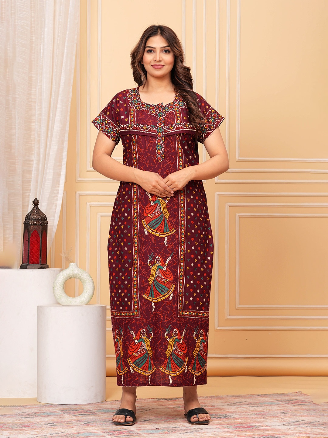 

JVSP FASHION Ethnic Motifs Printed Pure Cotton Maternity Maxi Nightdress, Maroon